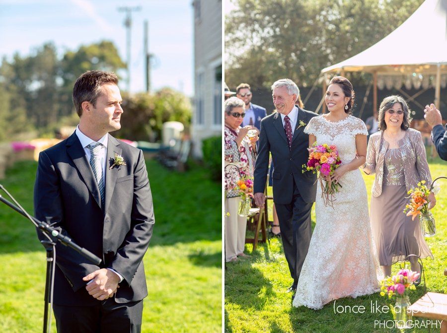 A bride and groom are walking down the aisle at their wedding ceremony.