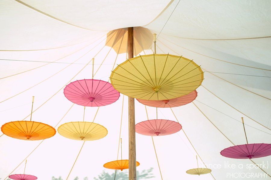 Colorful umbrellas are hanging from the ceiling of a tent