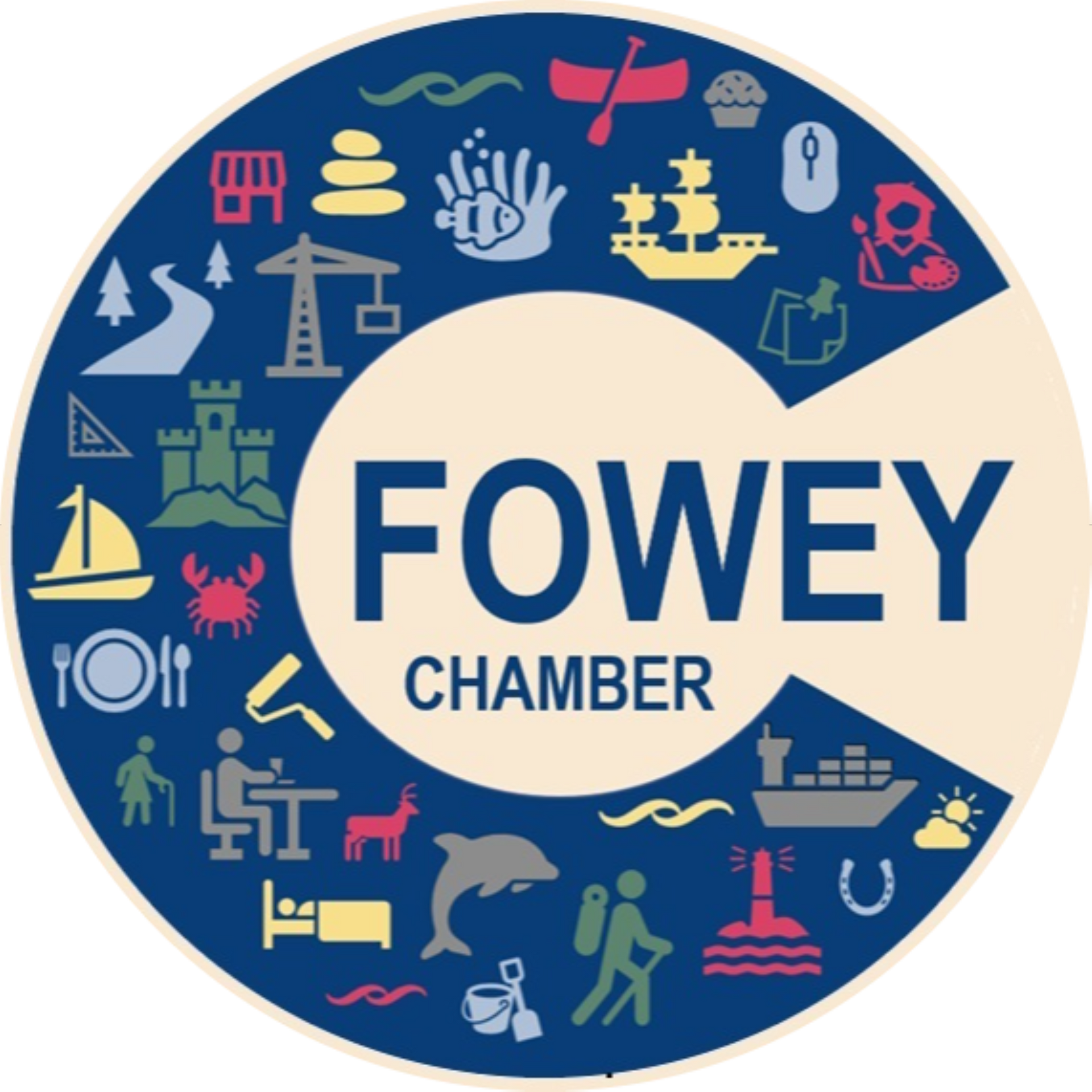 Fowey Chamber logo with colourful icons depicting the Fowey area