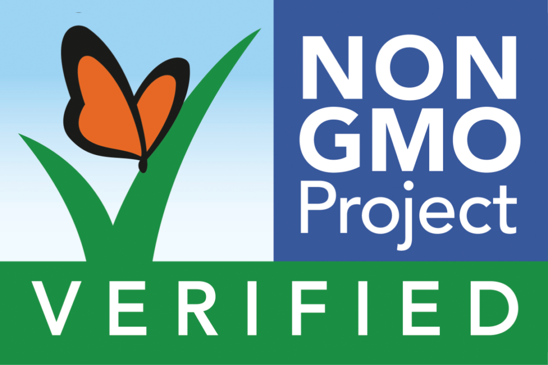 Non-GMO Project Verified label: butterfly on a green checkmark, white text on a blue background, stating 