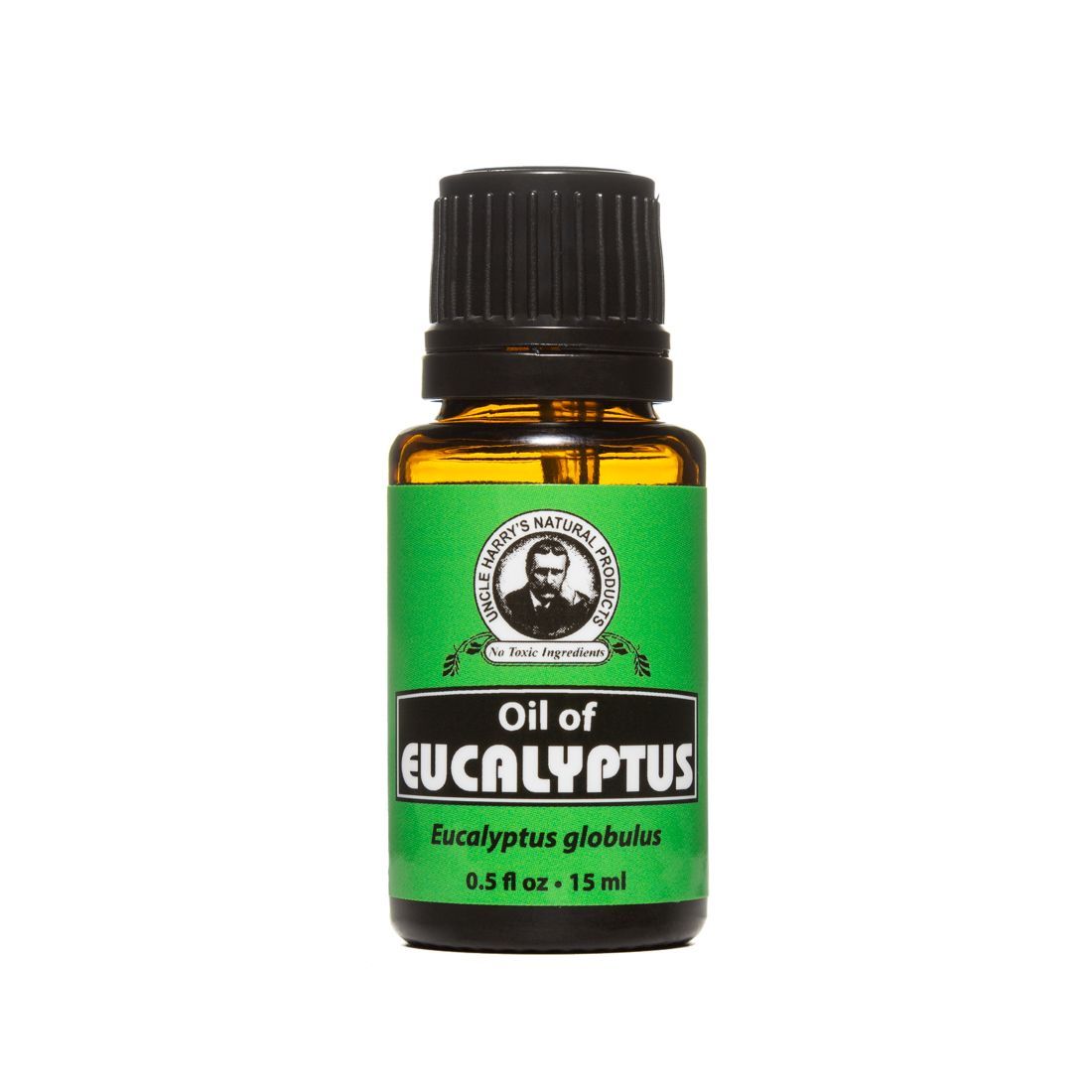 Bottle of eucalyptus oil with a green label and black cap. Contains eucalyptus globulus.
