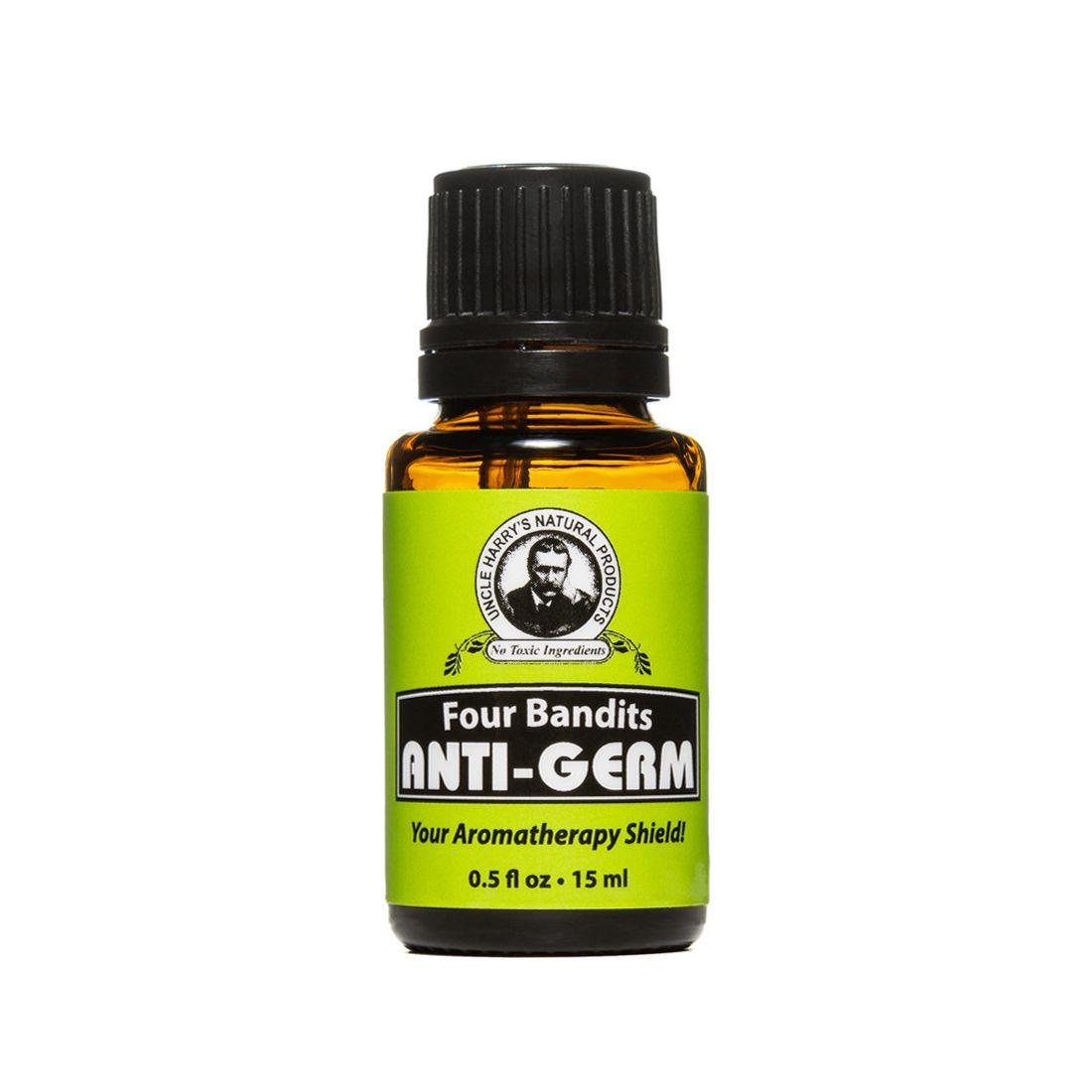 Bottle of Four Bandits Anti-Germ essential oil with a black cap and yellow label. It has a picture of a man on the label.