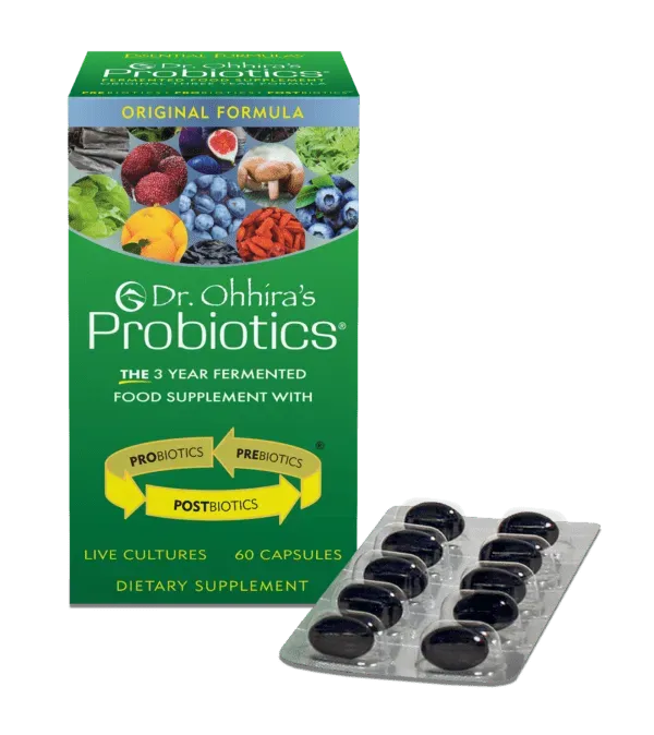 Box and blister pack of Dr. Ohhira's Probiotics capsules. The box is green and white, with illustrations of fruits and vegetables. The capsules are dark.