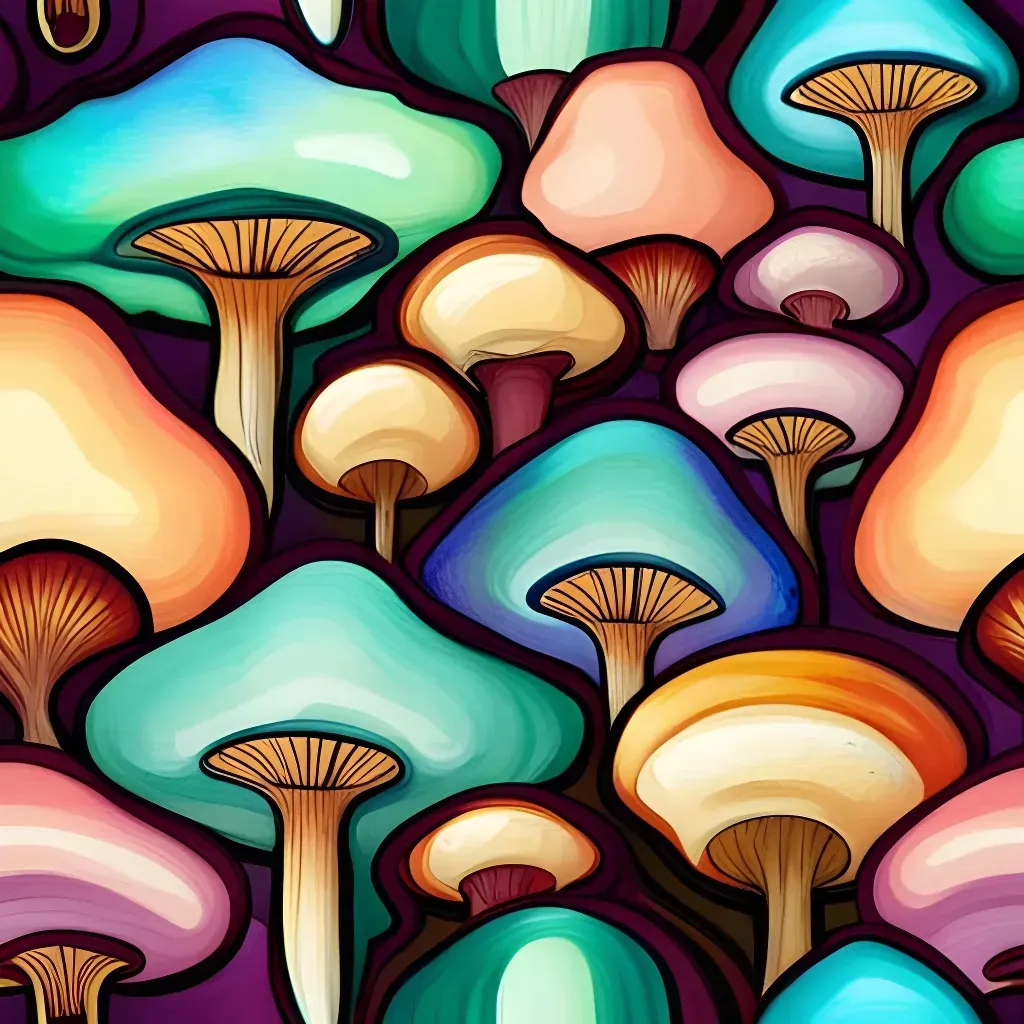 Colorful mushroom pattern on a dark purple background. Mushrooms vary in size and color, including teal, pink, and orange.