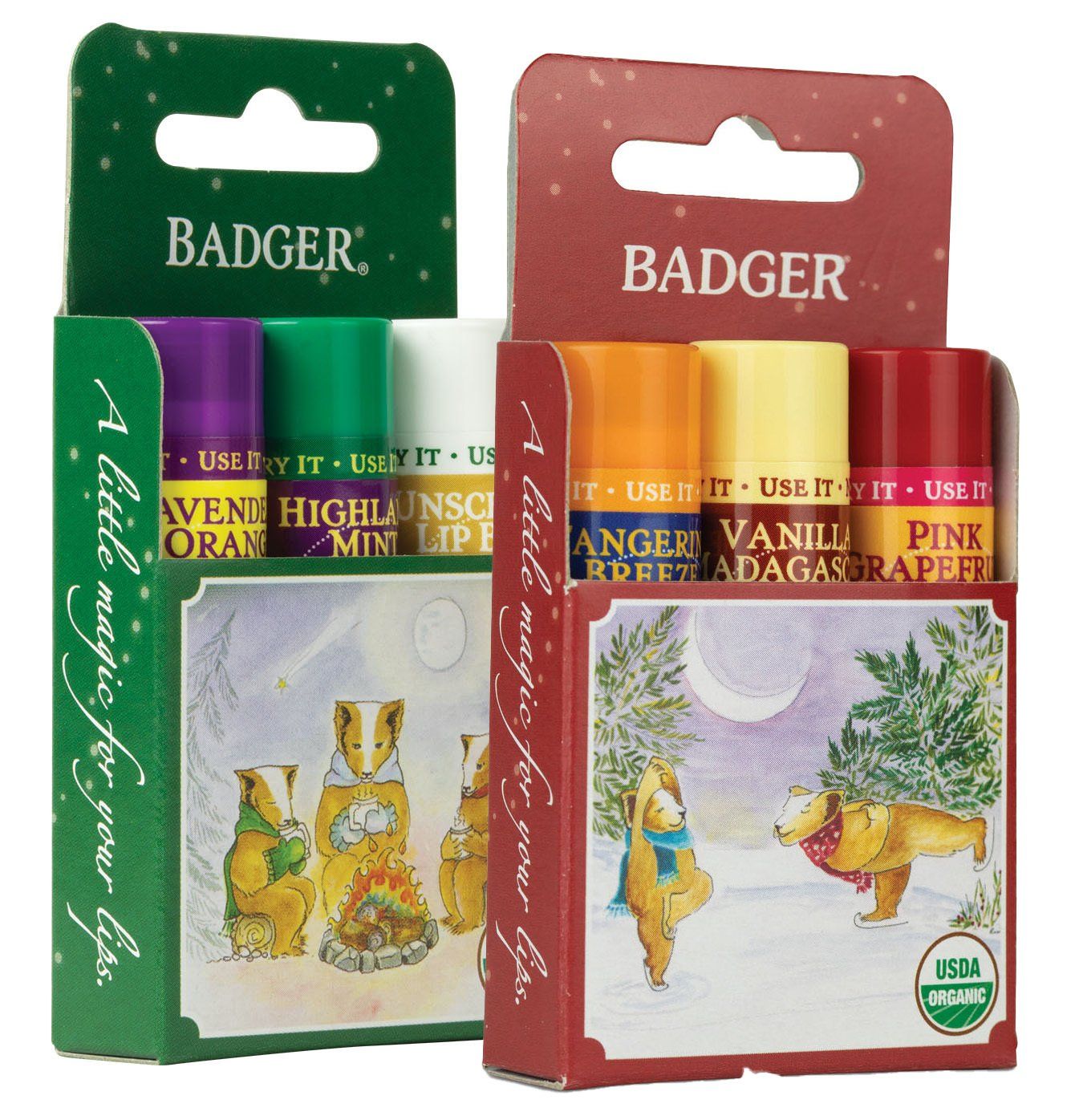 Two Badger lip balm sets with colorful tubes. Each set has a box decorated with illustrations of bears.