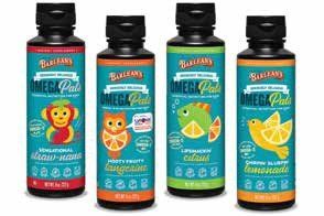 Four bottles of Barlean's Omega Pals liquid supplements, each with a different fruit flavor and a cartoon animal illustration.