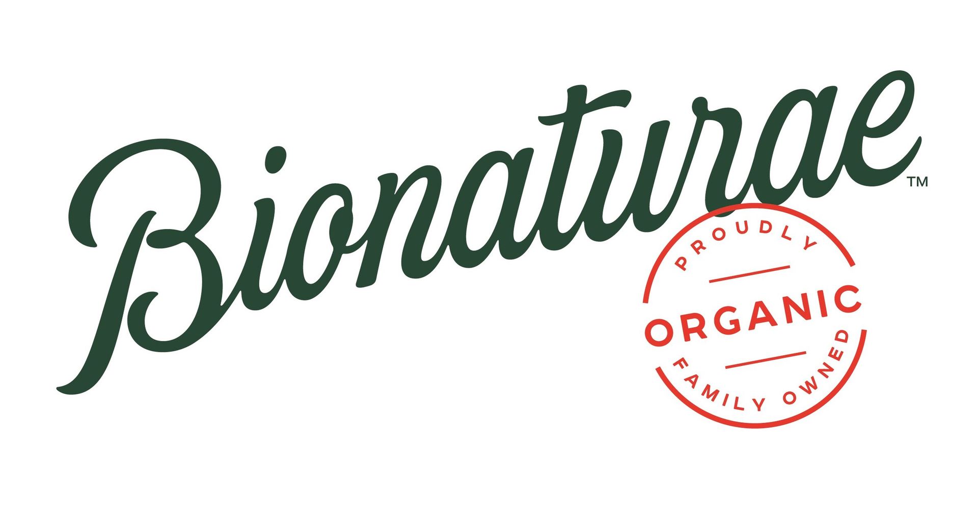 Bionaturae logo in dark green script with a red