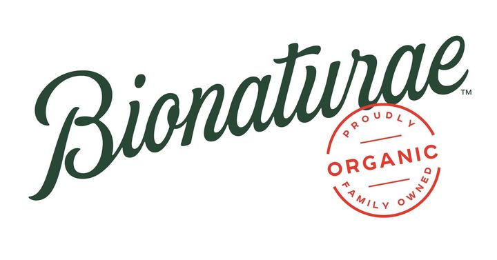 Bionaturae logo in dark green script with a red 