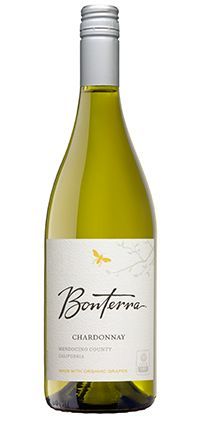 Bottle of Bonterra Chardonnay, featuring a white label with black script and a yellow bird.