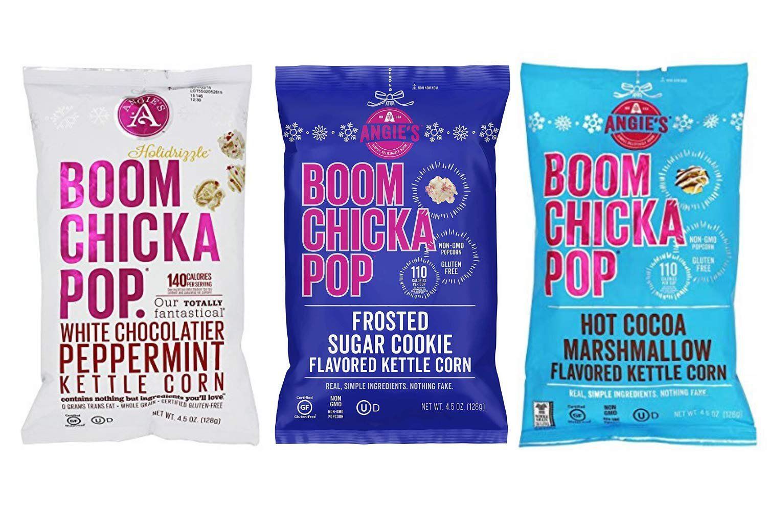 Three bags of Angie's BOOMCHICKAPOP kettle corn: white chocolate peppermint, frosted sugar cookie, and hot cocoa marshmallow.