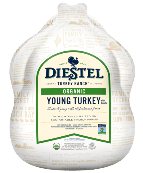 Diestel Organic Young Turkey wrapped in white packaging. Green and white label with logo and text.