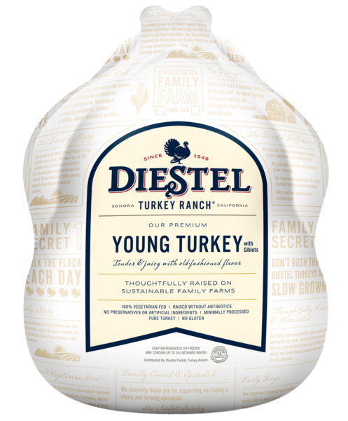 A whole Diestel Young Turkey, tightly wrapped, with a label that includes the brand name and product information.