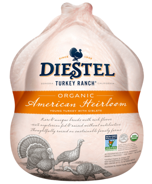 Diestel Organic American Heirloom Turkey. Cream-colored packaging, orange banner, turkey illustrations, and logo.