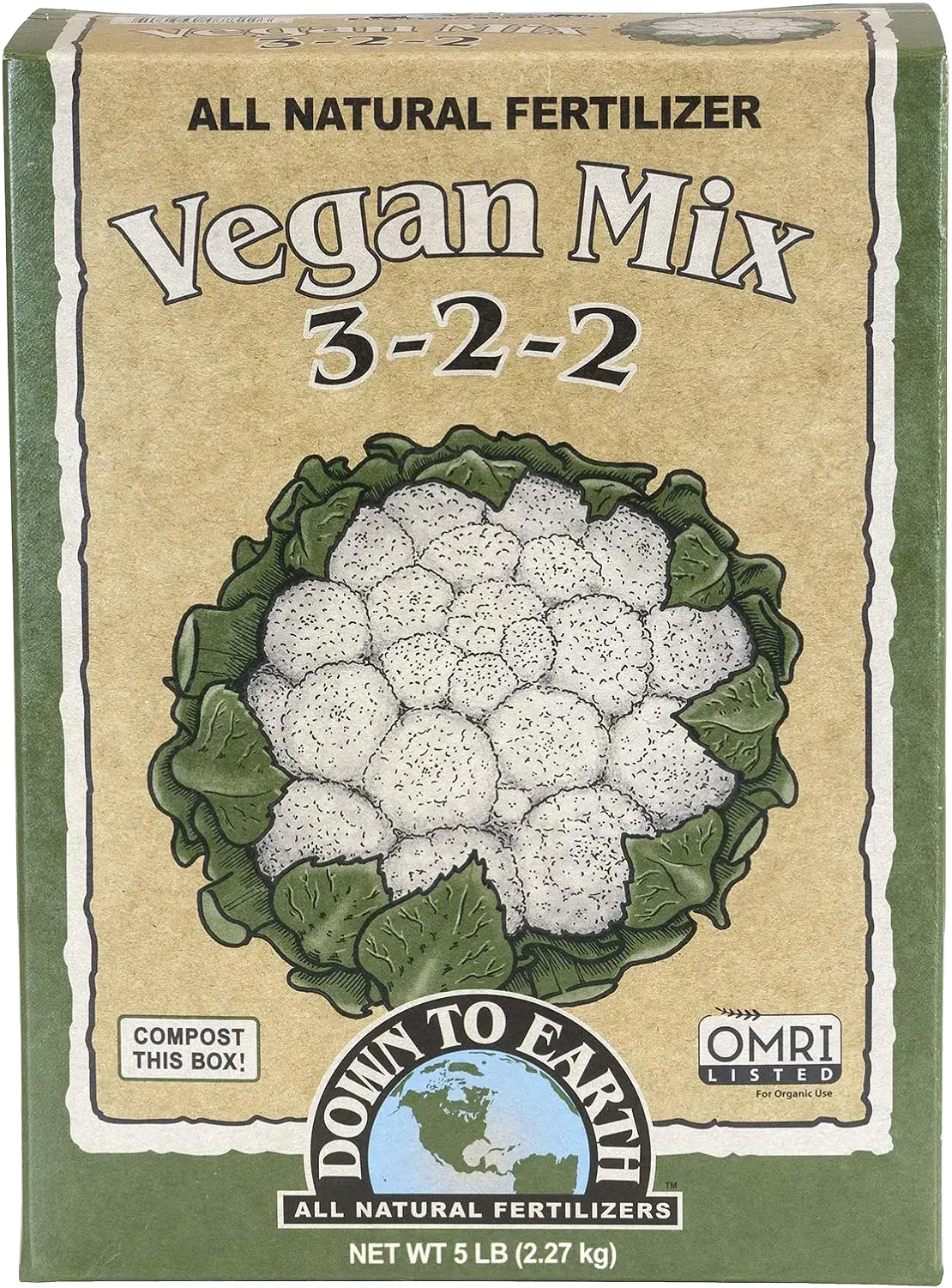 Bag of Down to Earth Vegan Mix fertilizer, featuring a cauliflower illustration and nutrient ratio of 3-2-2.