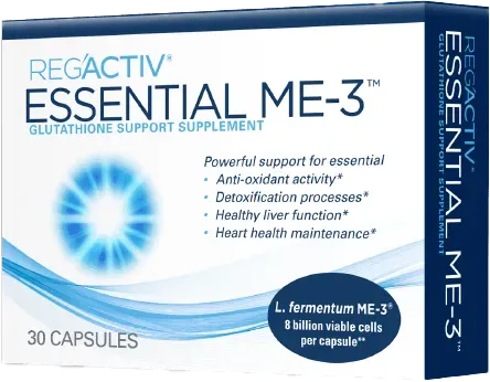Box of RegActiv Essential ME-3 supplement with text indicating it supports glutathione, antioxidant activity, detoxification, liver function, and heart health.