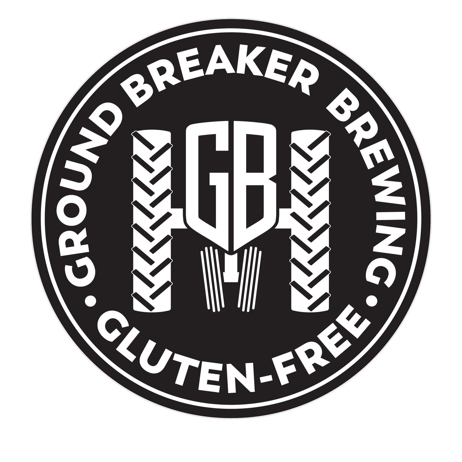 Ground Breaker Brewing logo: black and white circular design with text 
