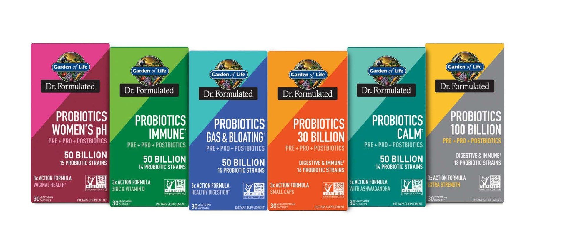 Boxes of Dr. Formulated probiotics, each with different colors and labels.