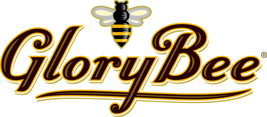 Logo for GloryBee featuring a bee above brown script text with a golden outline and a curved underline.