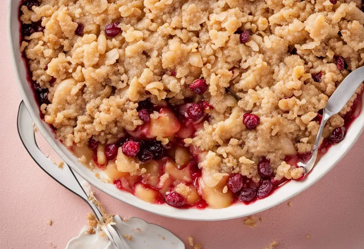 Cranberry apple crumble in a white oval baking dish, topped with a golden crumble, partially scooped out. Pink background.