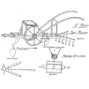 Black and white diagram of H. Blair's 1834 seed planter patent. It depicts the machine and its parts, including a plow and harrow.