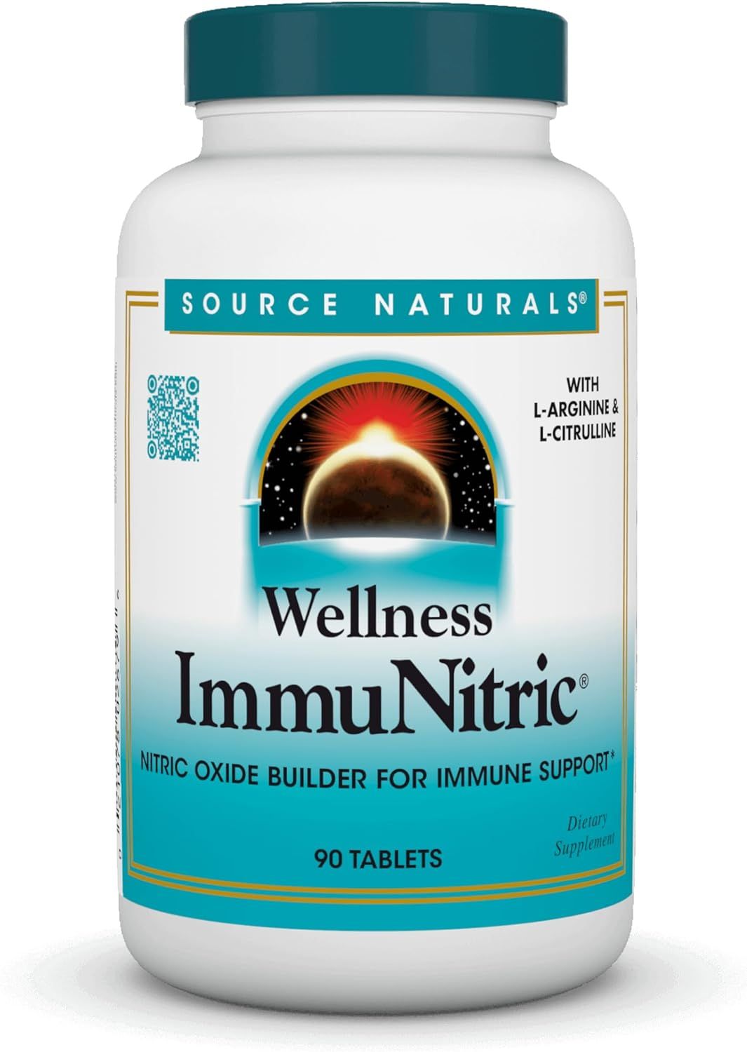 White bottle of Source Naturals ImmuniNitric supplements, featuring a blue label and logo.