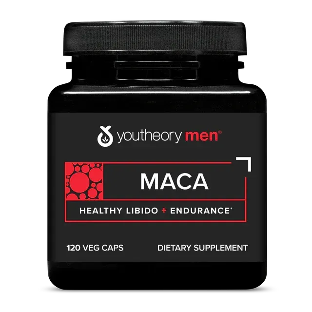 A black bottle of Youtheory Men Maca supplements, with red and white text promoting healthy libido and endurance.