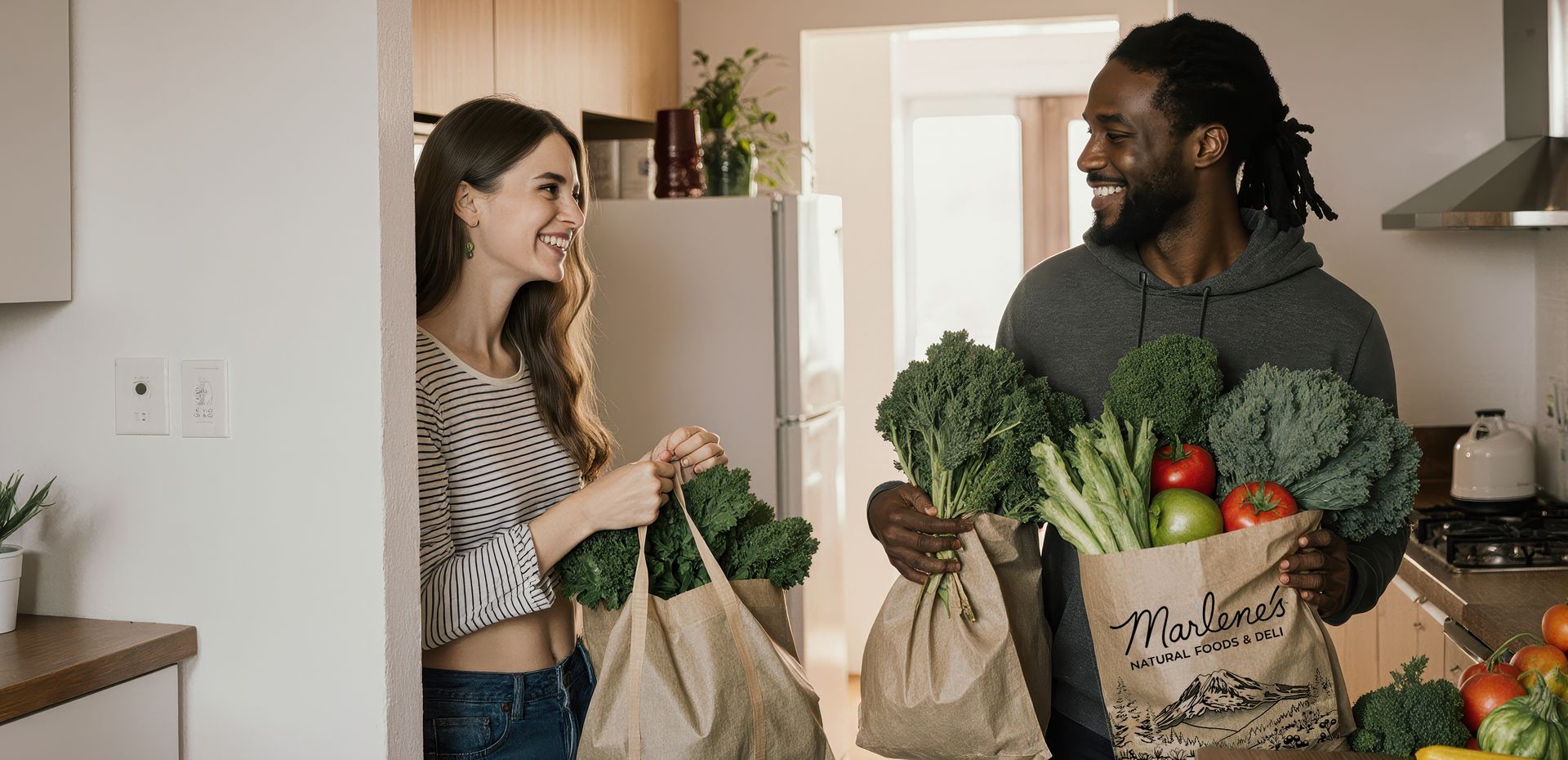 A couple smiles holding grocery bags filled with fresh vegetables in a kitchen.
