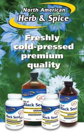Advertisement for North American Herb & Spice's Black Seed products, featuring bottles and capsules against a backdrop of blue flowers.