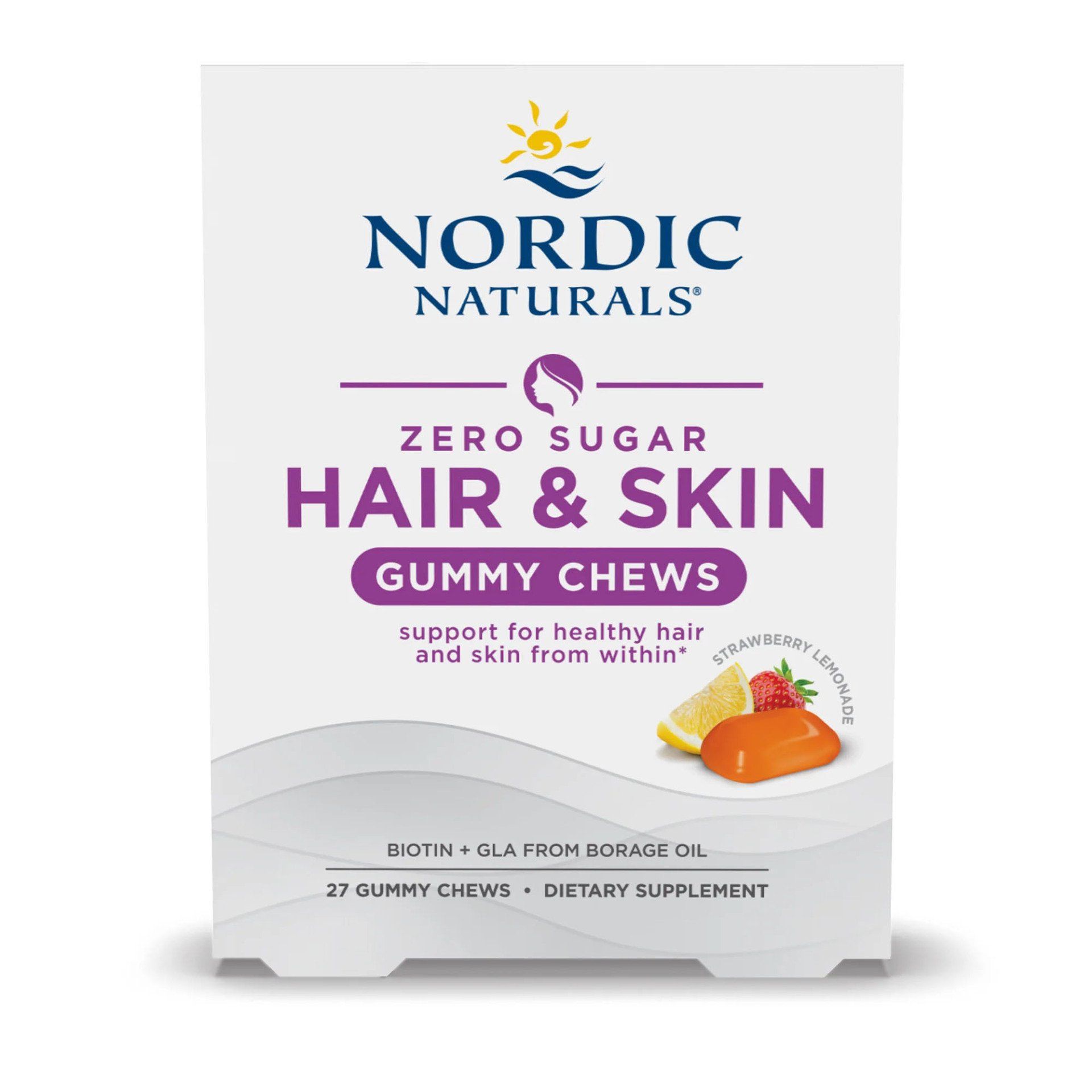 White box of Nordic Naturals Hair & Skin Gummy Chews with a lemon, strawberry, and gummy illustration.