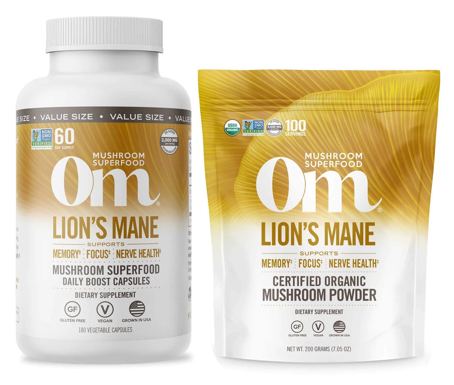 Two Om Lion's Mane mushroom superfood products: a white bottle of capsules and a gold pouch of powder.