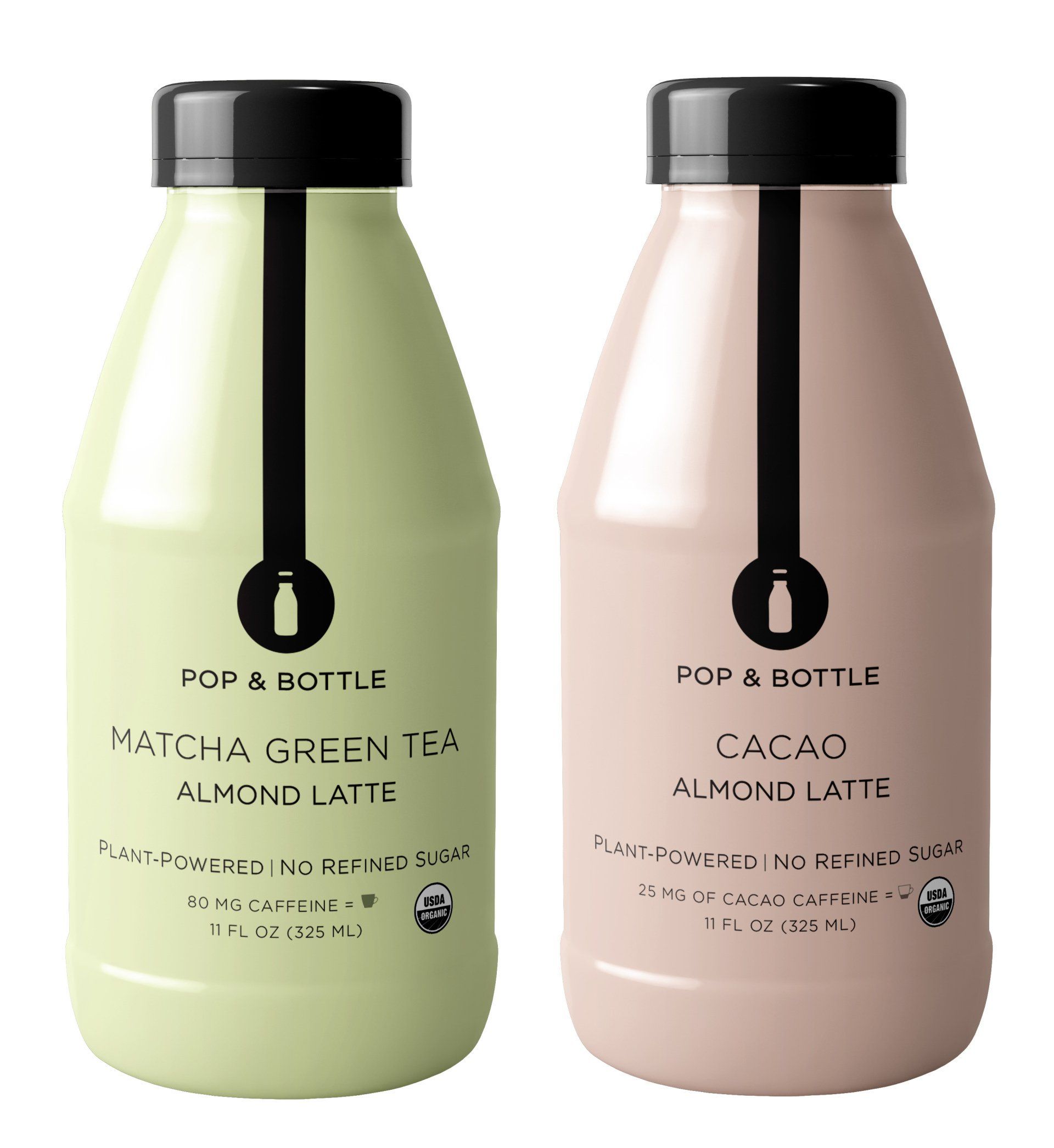 Two bottles of Pop & Bottle almond lattes: one green 