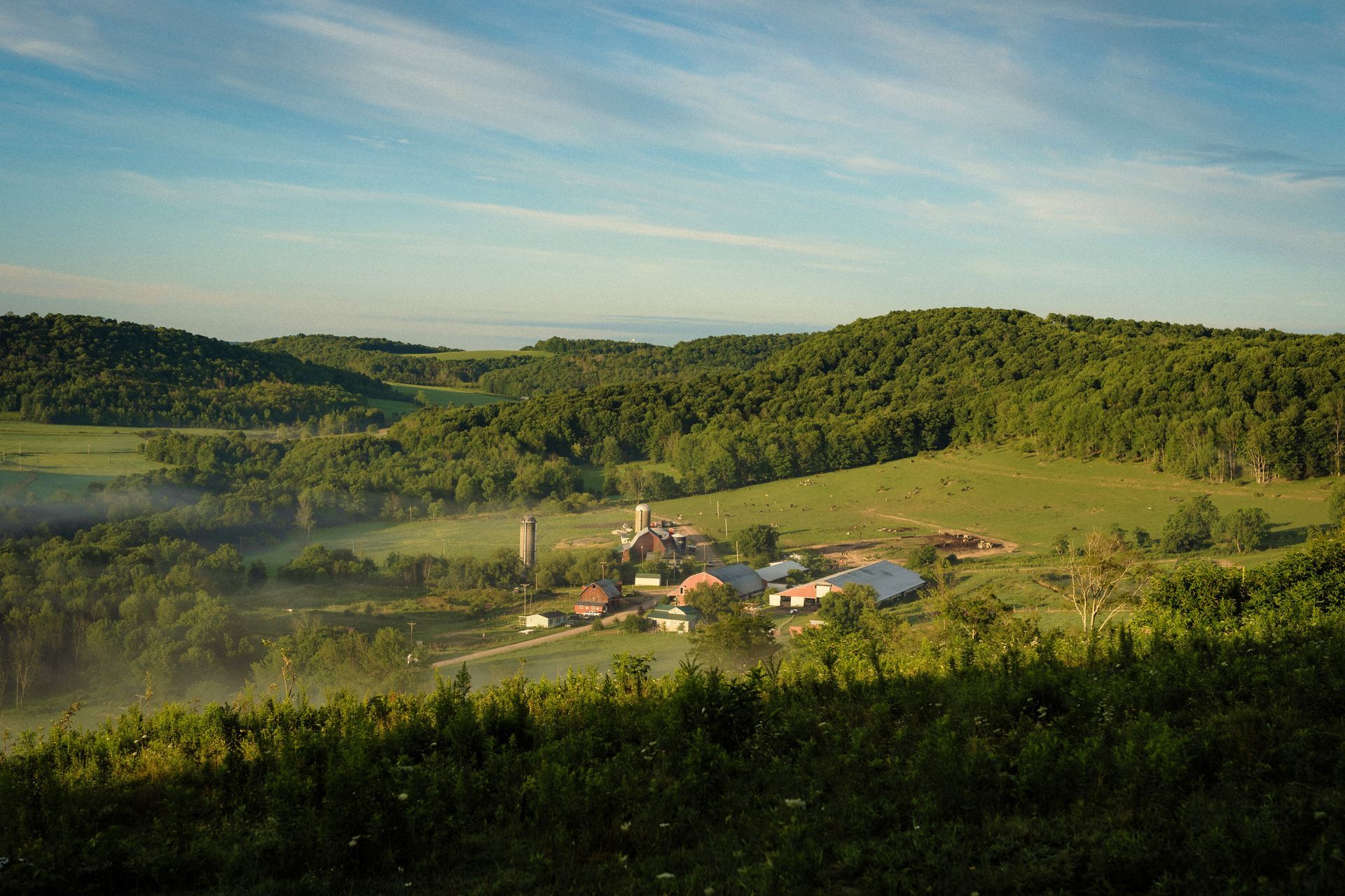 Rolling hills and a farmhouse nestled in a valley under a blue sky. Lush green trees surround the farm.