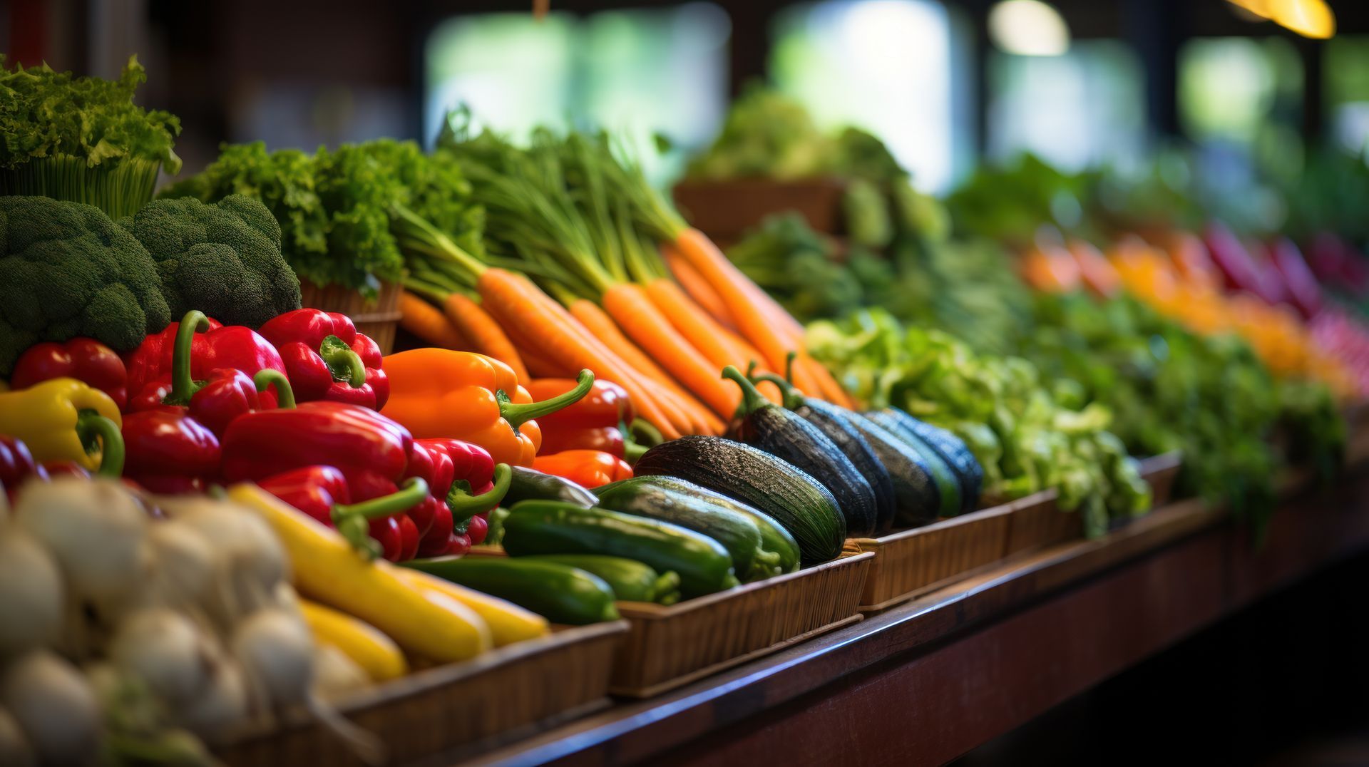 Fresh produce display with carrots, peppers, cucumbers, lettuce, and onions.