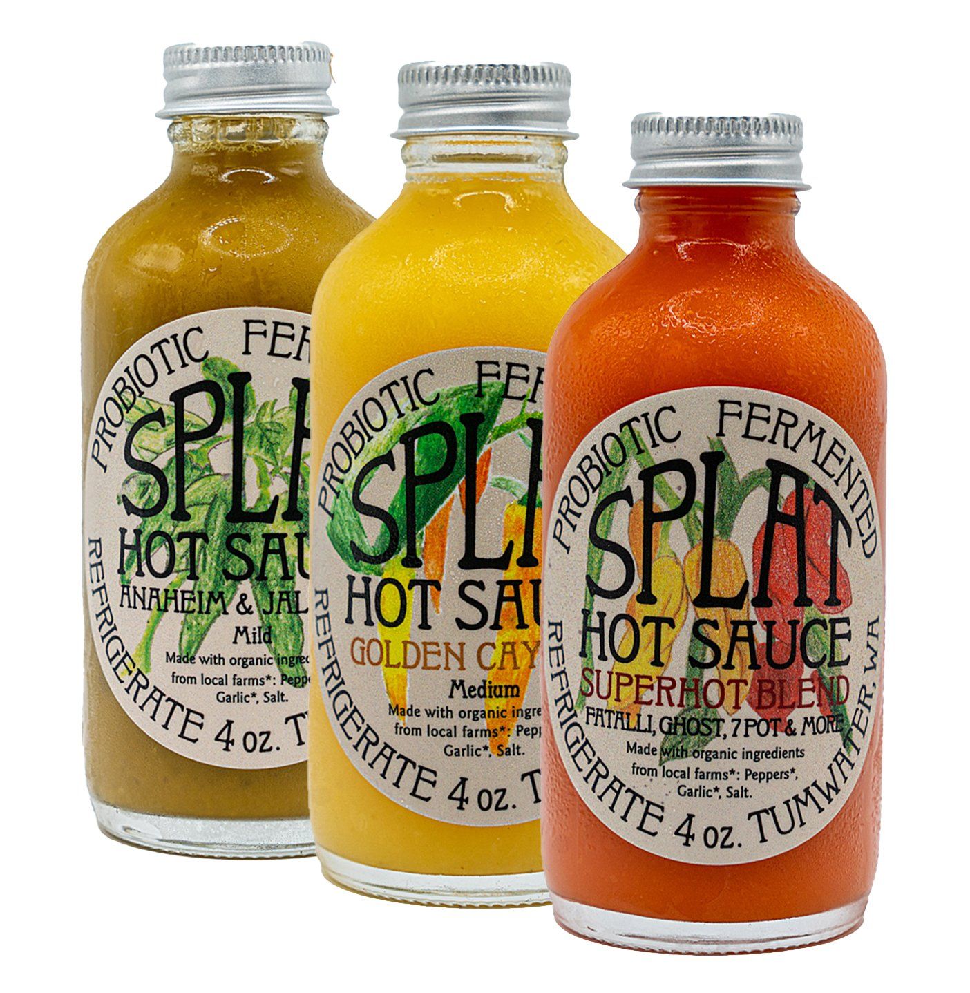 Three bottles of Splat hot sauce, each with a different color: yellow, orange, and golden. Each is labeled as probiotic fermented.