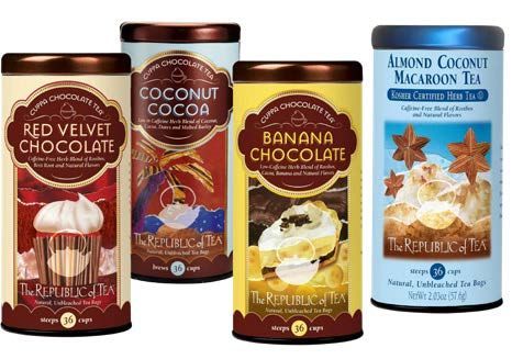 Four cylindrical tea canisters: Red Velvet Chocolate, Coconut Cocoa, Banana Chocolate, and Almond Coconut Macaroon Tea, with illustrated labels.