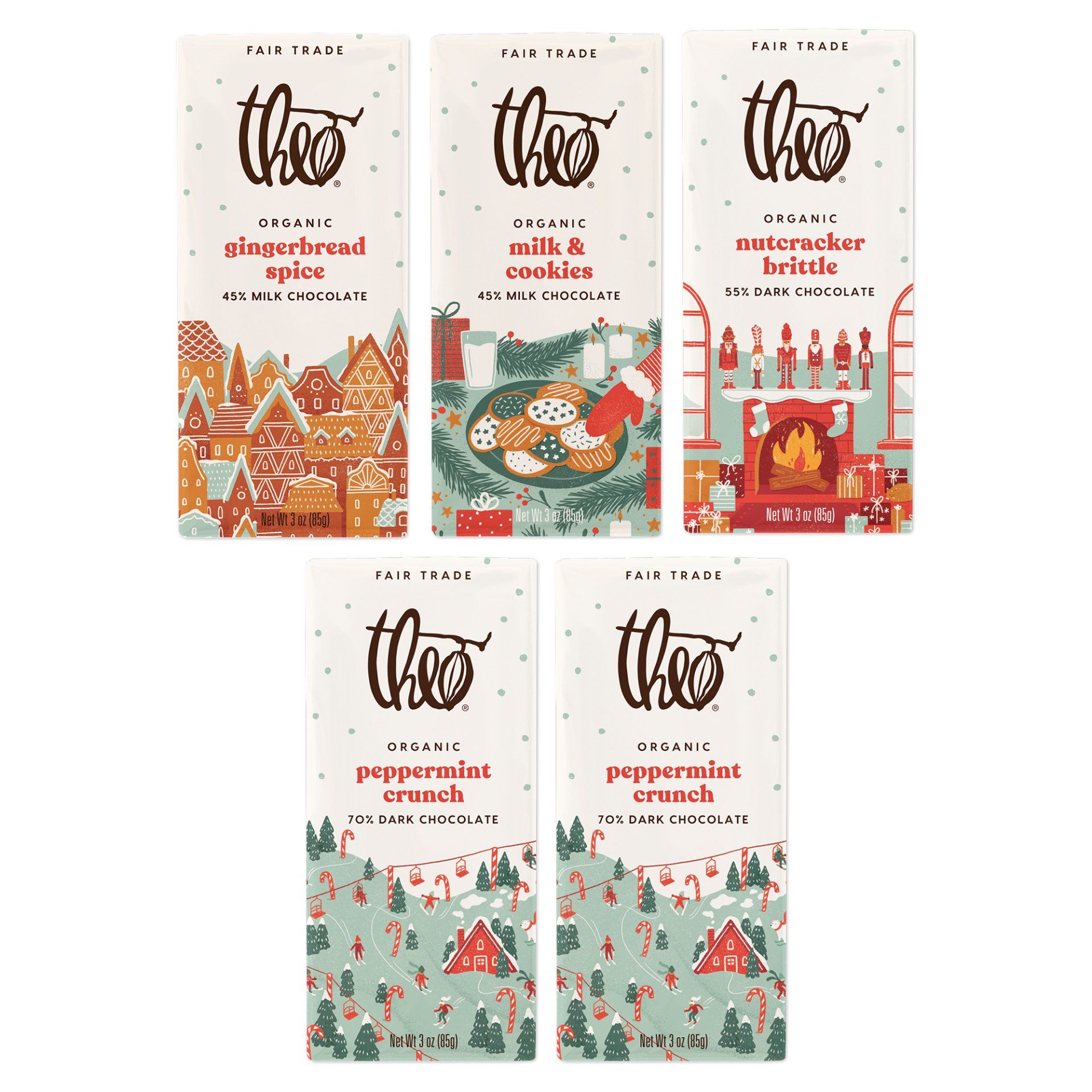 Five Theo Chocolate holiday bars in a vertical arrangement. Flavors include gingerbread spice, milk & cookies, and peppermint crunch.
