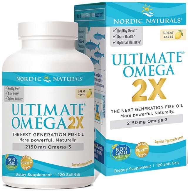 Bottle and box of Nordic Naturals Ultimate Omega 2X fish oil supplements. White bottle and box with blue accents and text.