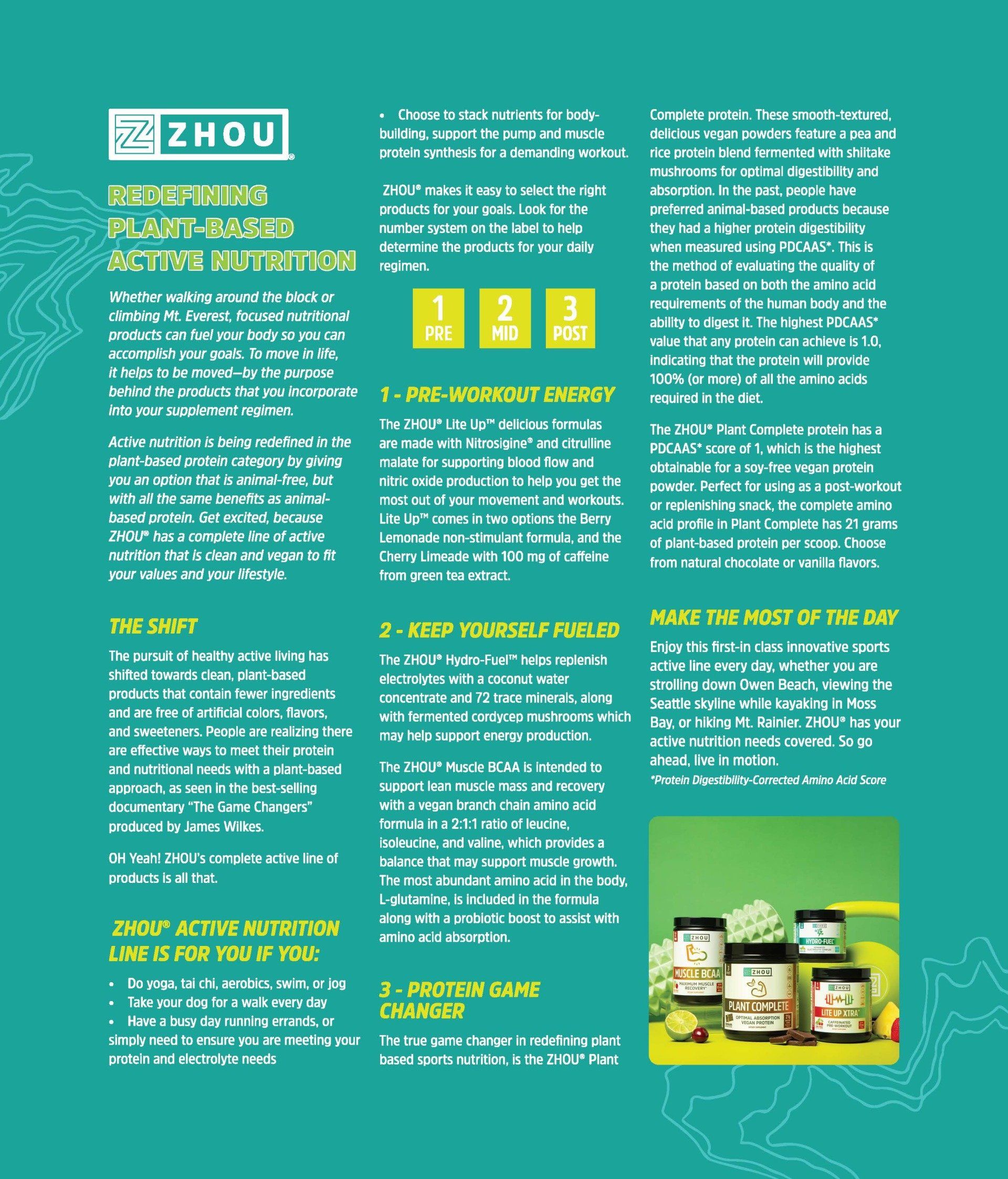 Brochure for Re-Zhou plant-based active nutrition. Features green text boxes, product photos, and text about pre-workout, post-workout, and protein shake timing.