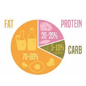 Pie chart illustrating a ketogenic diet's macronutrient breakdown: 70-80% fat (orange), 20-25% protein (pink), and 5-10% carbohydrates (green).