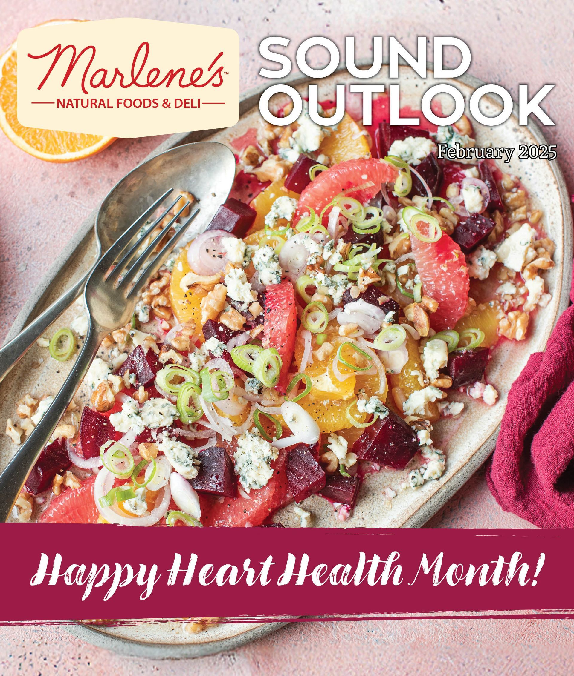 Marlene's Natural Foods & Deli cover. Salad with oranges, beets, and cheese. 