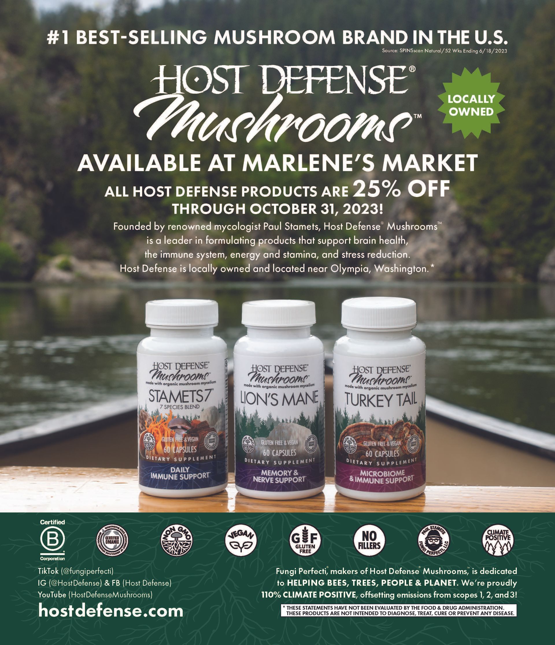 Advertisement for Host Defense Mushrooms at Marlene's Market. Shows mushroom supplement bottles on a canoe, with a sale of 25% off through October 31, 2022.
