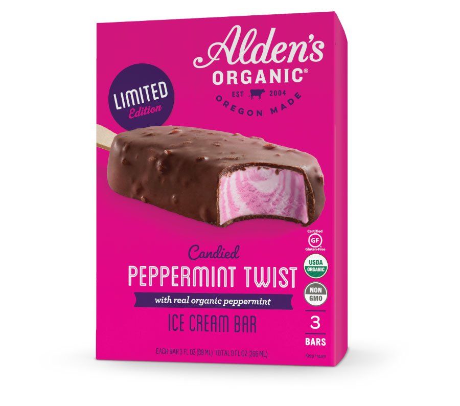 Box of Alden's Organic Candied Peppermint Twist ice cream bars, pink with a photo of a chocolate-covered bar.