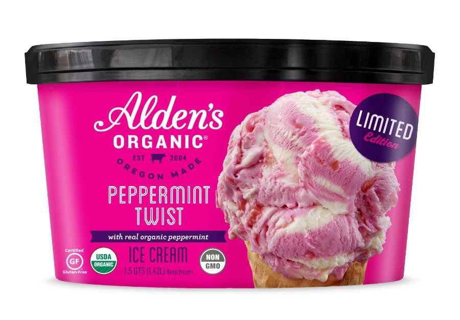 Alden's Organic Peppermint Twist ice cream tub, pink and white swirl ice cream on a cone. Limited edition.