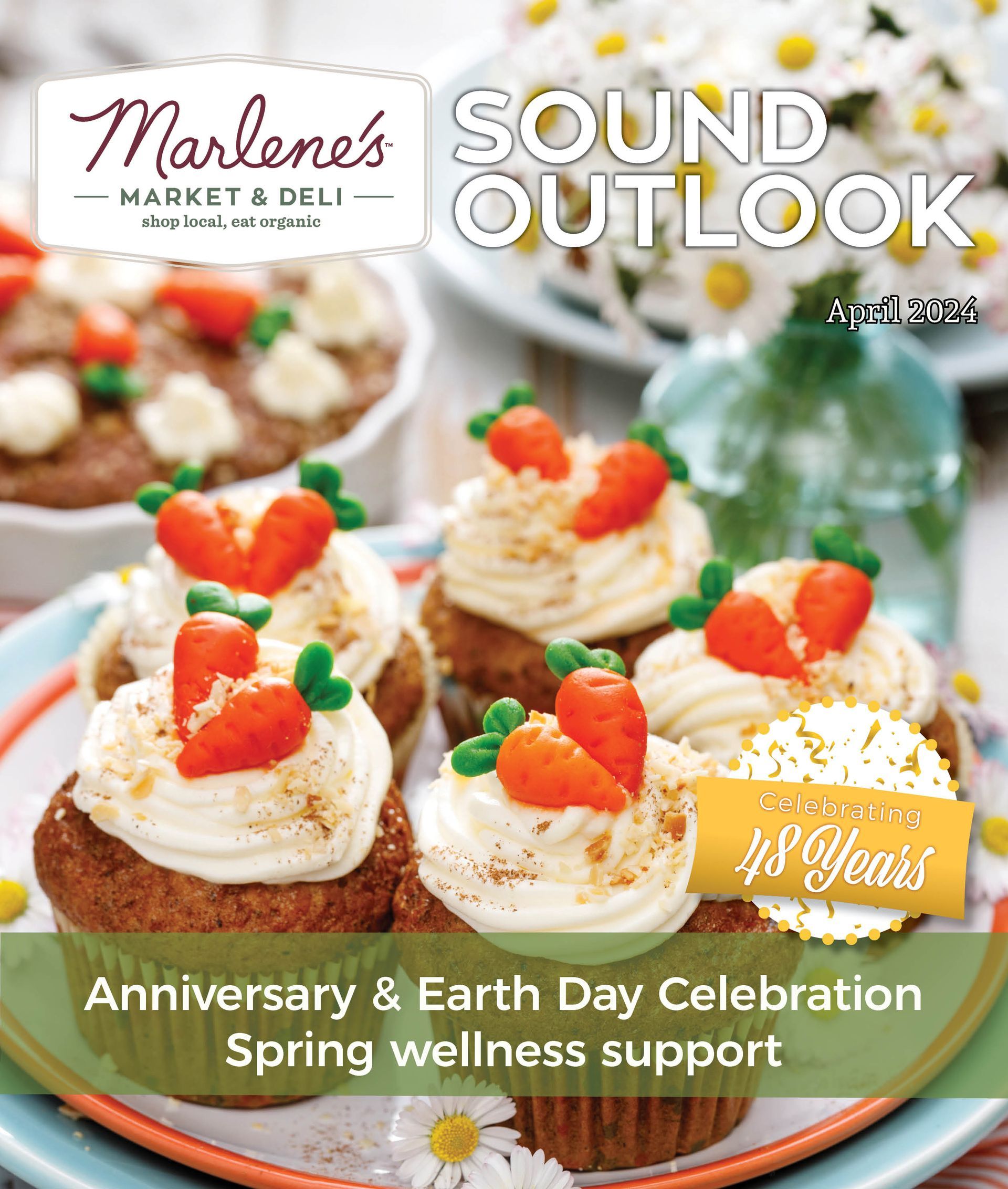 Marlene's Market & Deli publication cover with cupcakes, text 