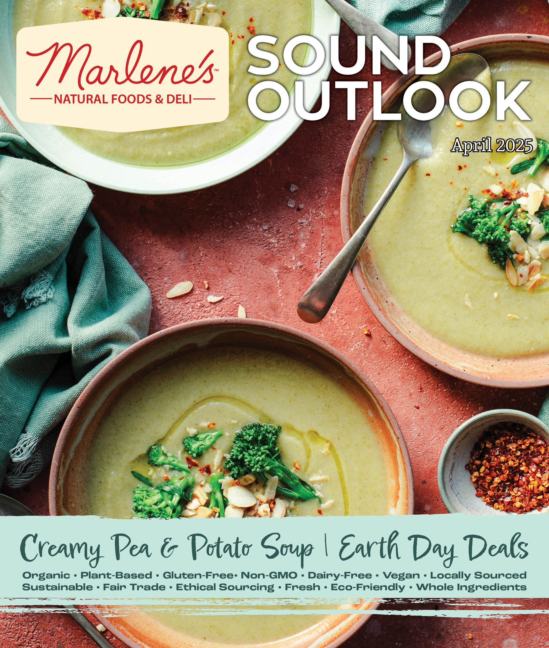 Marlene's Natural Foods & Deli ad featuring creamy pea & potato soup in bowls, with text 