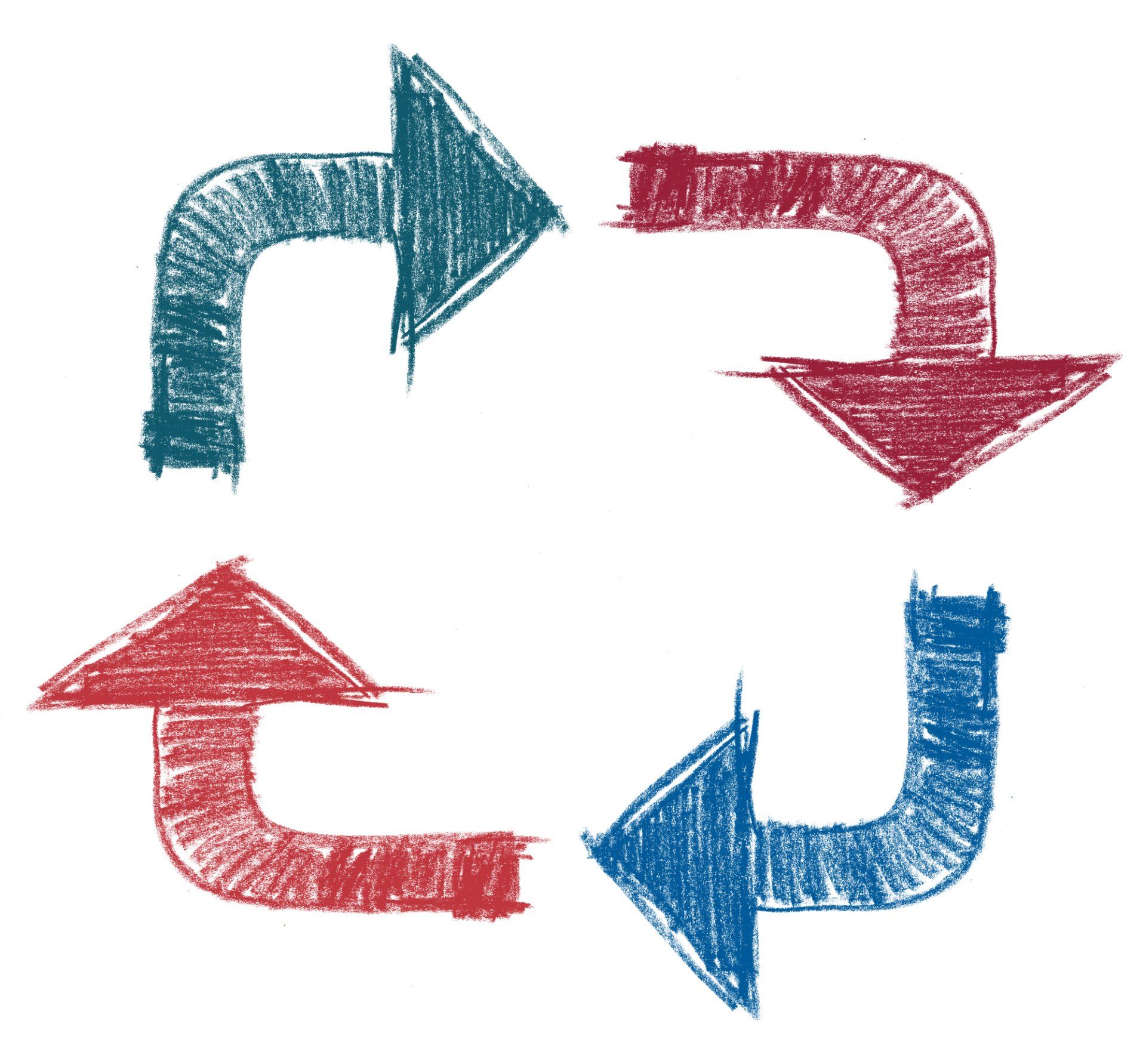 Four arrows forming a circular loop, alternating between red and blue, illustrating a cycle or process.