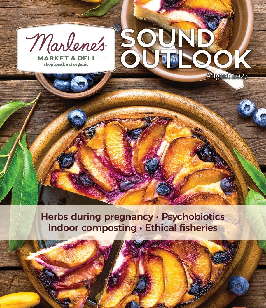 Marlene's Market & Deli magazine cover: peach and blueberry tart, text: 