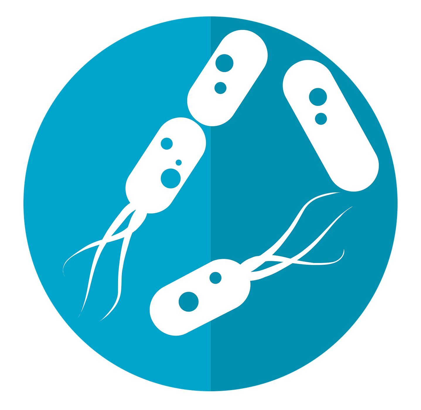 White bacteria with flagella inside a blue circle.