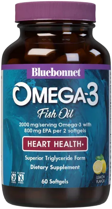 A bottle of Bluebonnet Omega-3 fish oil softgels, lemon flavor. It is for heart health, with text describing its contents and benefits.