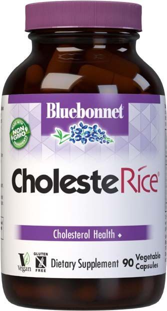 Bottle of Bluebonnet CholesteRice supplement for cholesterol health, with a purple and brown label.